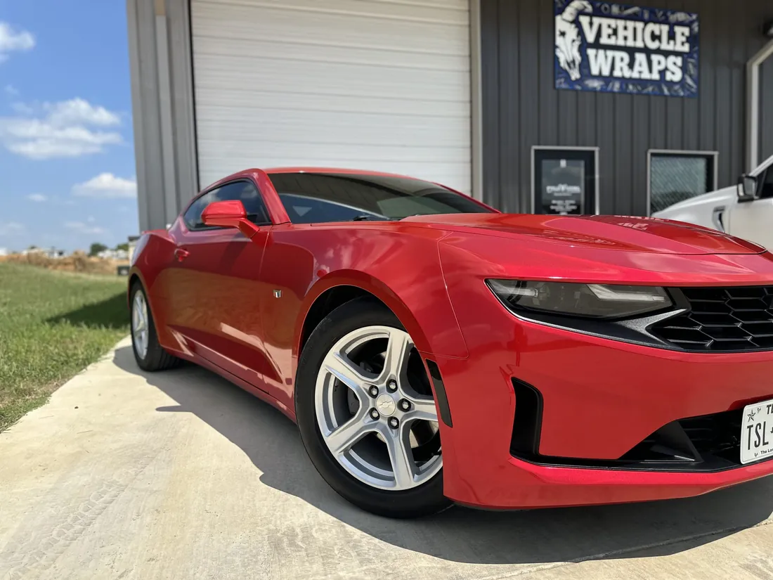 Gloss red color change wrap on a Chevrolet Camaro — Full Curl Graphix